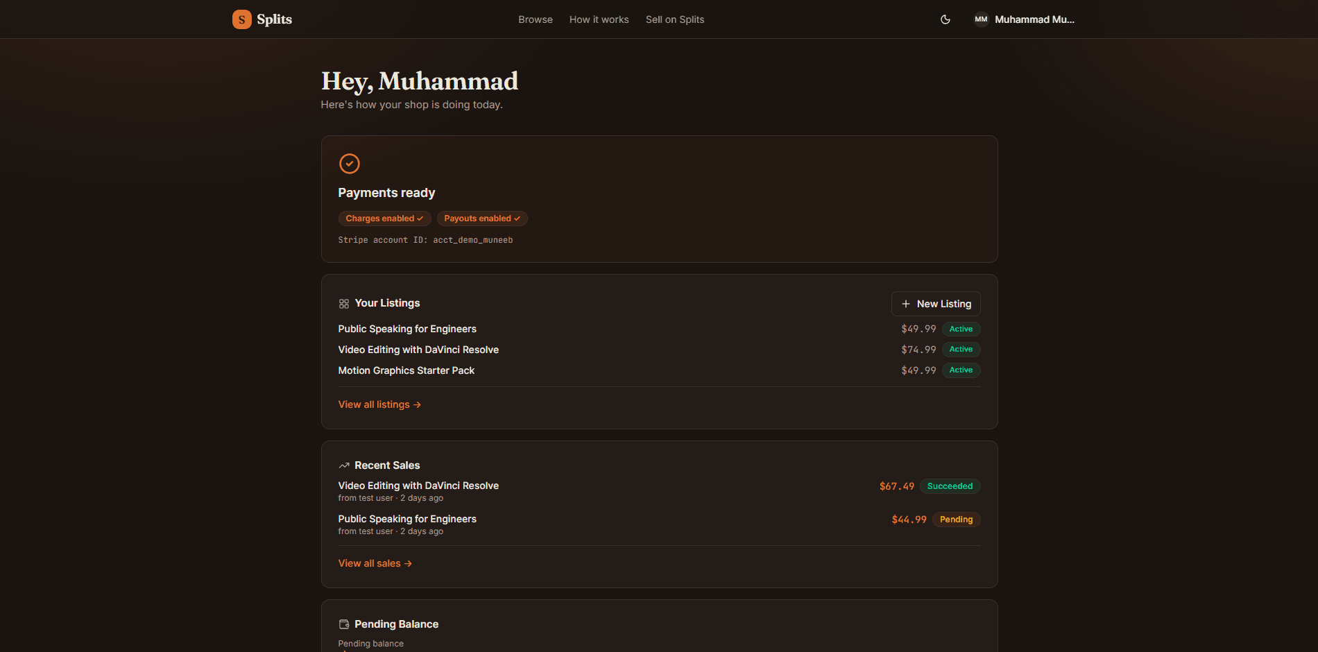 Marketplace Payment Splits screen 2