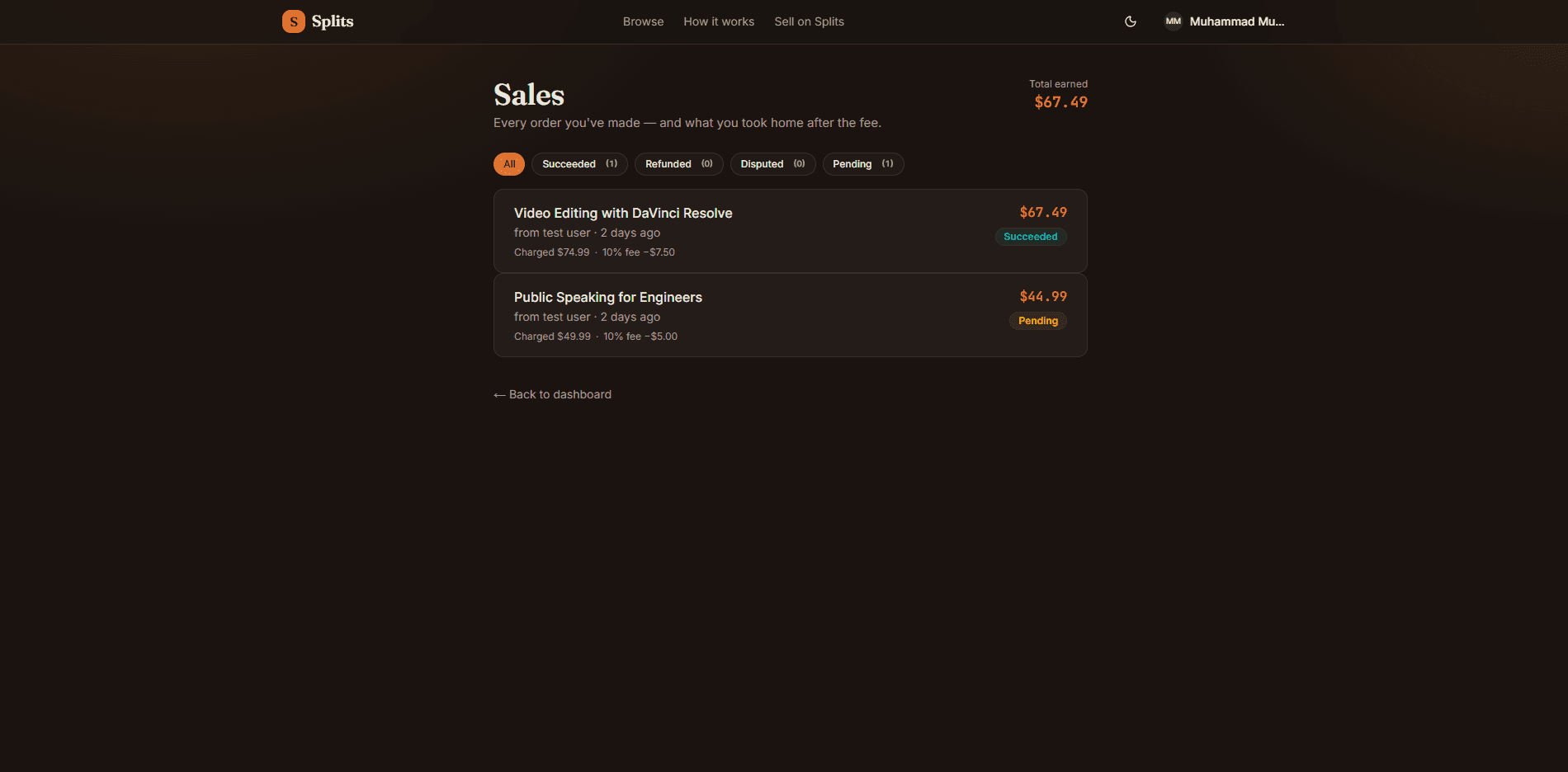 Marketplace Payment Splits screen 3
